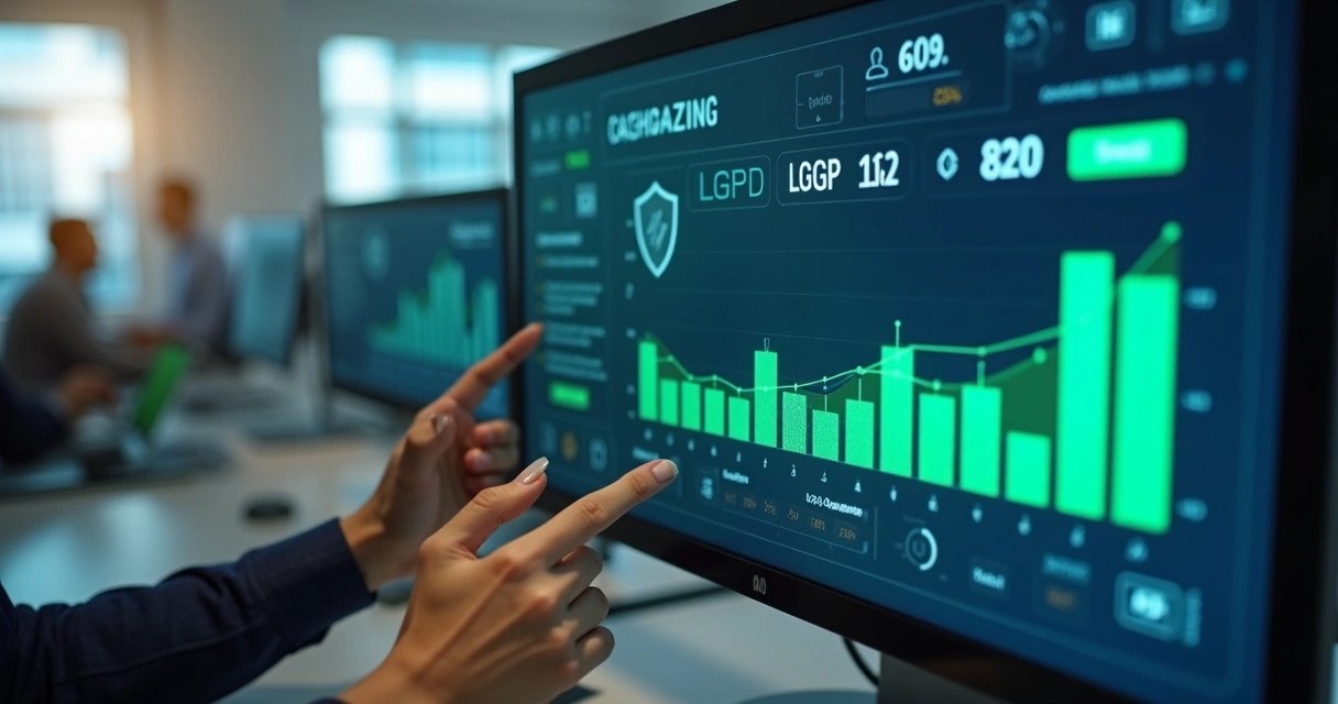 Painel digital ilustrando controles LGPD e indicadores de segurança da informação. 