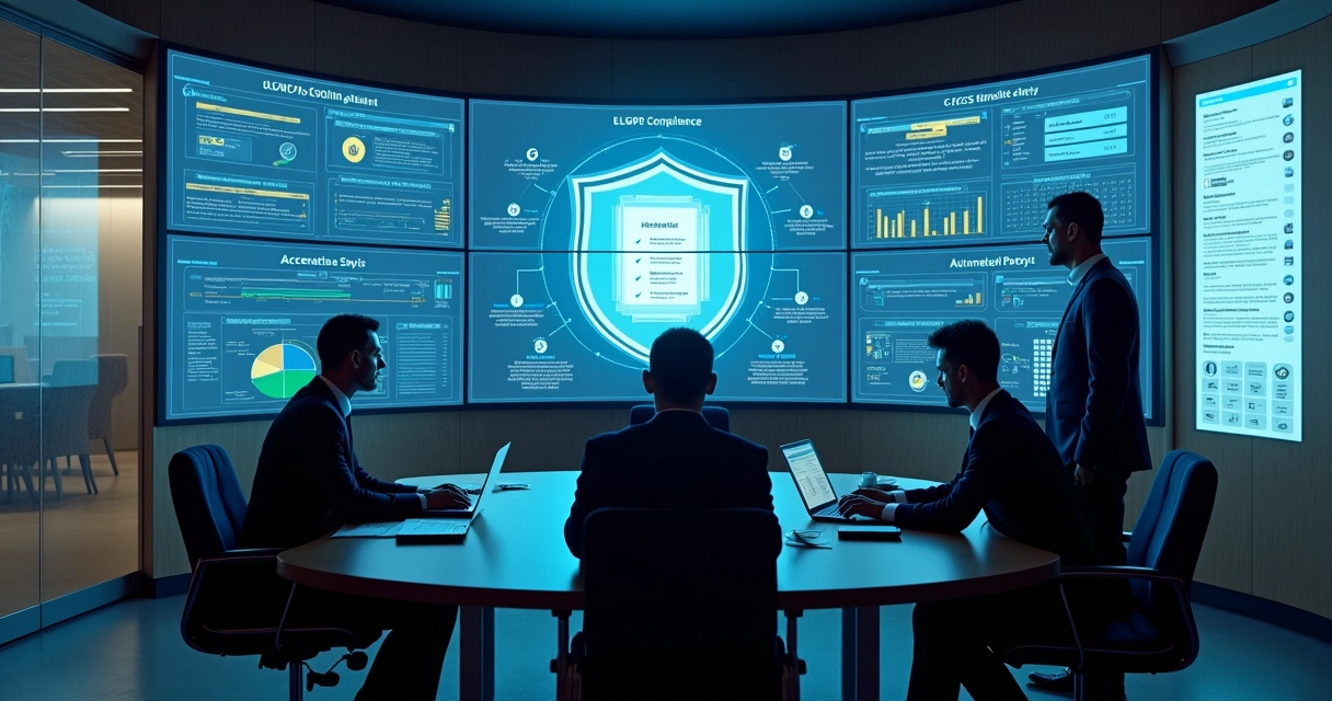 Painel de controle digital monitorando conformidade LGPD em documentos empresariais 