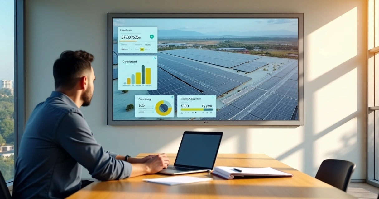 Gestor analisa painel digital com usina solar e gráfico de economia 