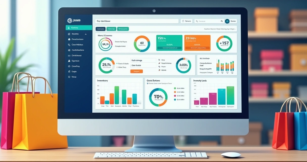 Visão de um painel de controle de sistema ERP para loja com gráficos de vendas e estoque 