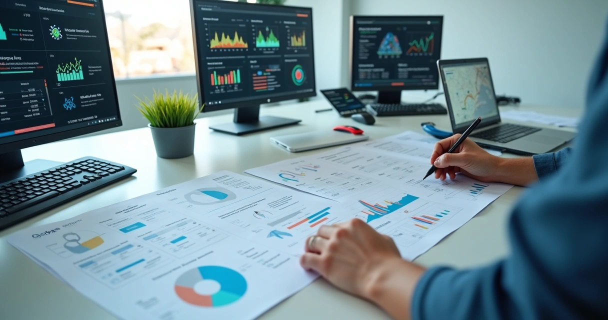 Gestor de clínica odontológica analisando painel de marketing com dados e automações de IA 
