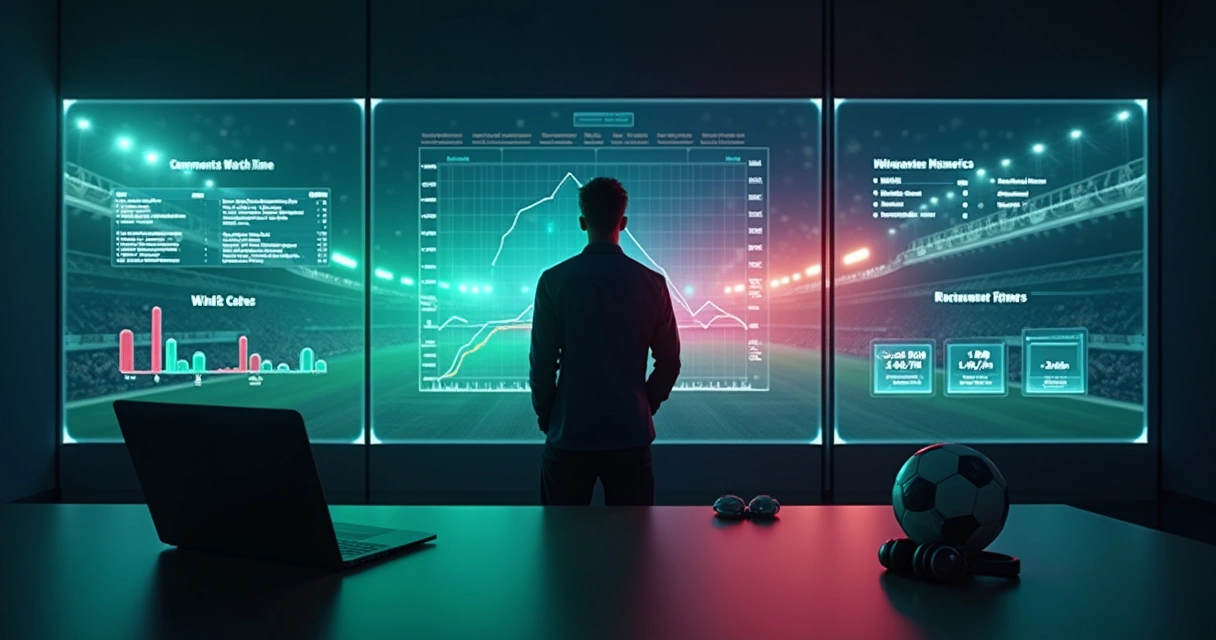 Analista observa painel de métricas digitais sobre futebol em grande tela 