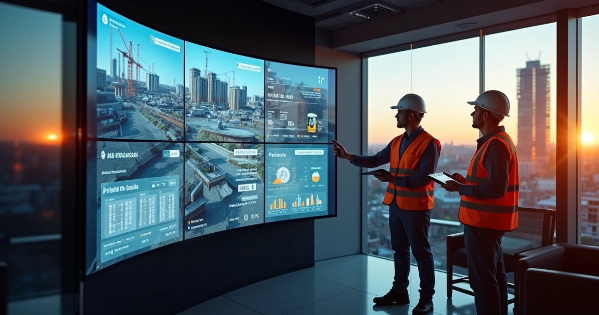 Painel de controle digital exibindo obra monitorada por camera solar 4g 