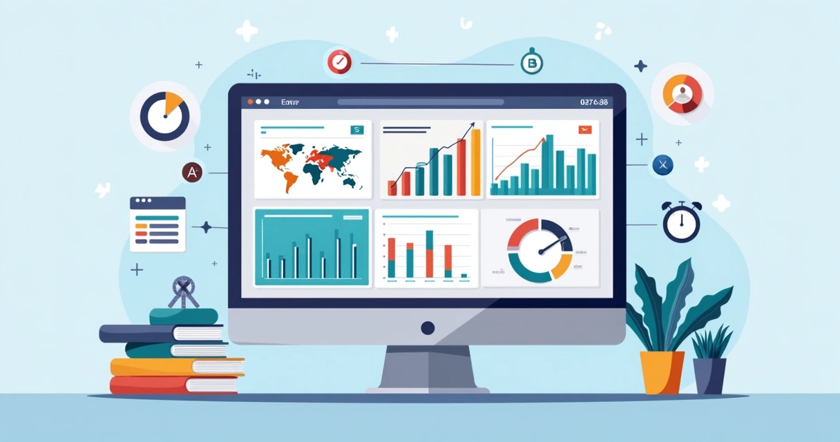 Painel de controle digital com gráficos e indicadores coloridos exibidos em tela de computador 