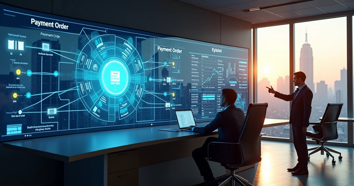 Executivo analisa painel digital com fluxo de ordens de pagamento conectando empresas e clientes 