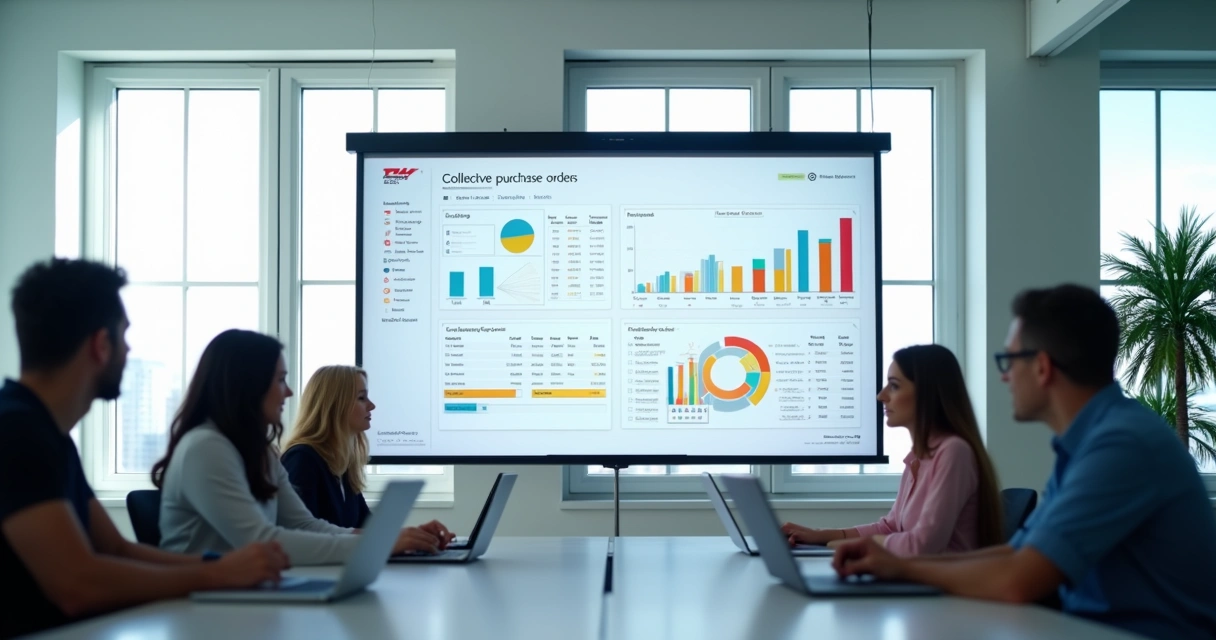 Painel digital exibindo controle de pedidos coletivos em rede de franquias com gráficos e status dos fornecedores 