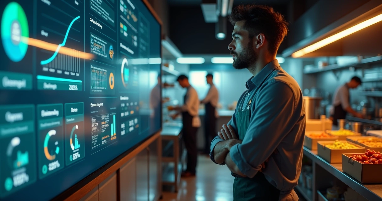 Gestor analisando telão com indicadores de performance no delivery em cozinha moderna 