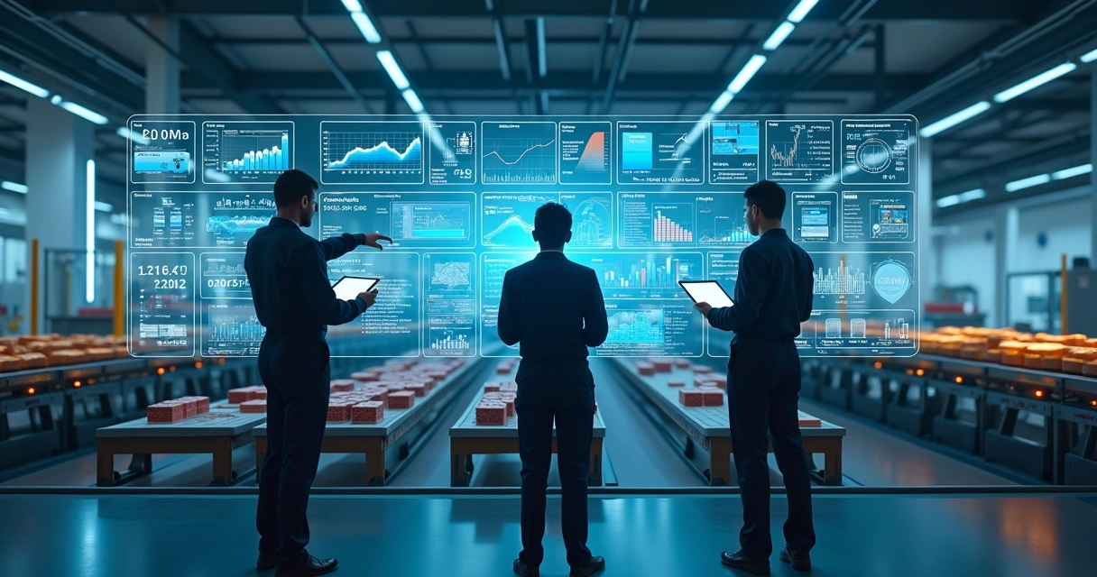 Painel digital moderno mostrando linhas de produção com indicadores em tempo real. 