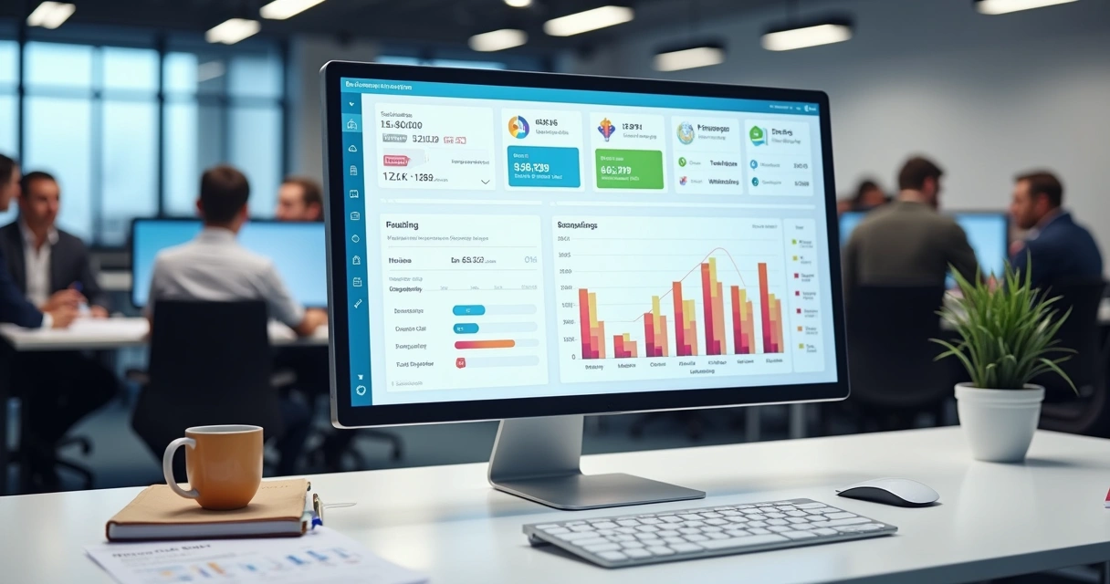 Painel de controle com métricas de produtividade contábil em tela de computador moderno 