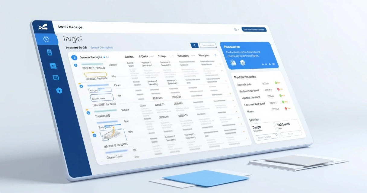 Painel web que mostra diversos recibos SWIFT organizados em uma interface clara e intuitiva