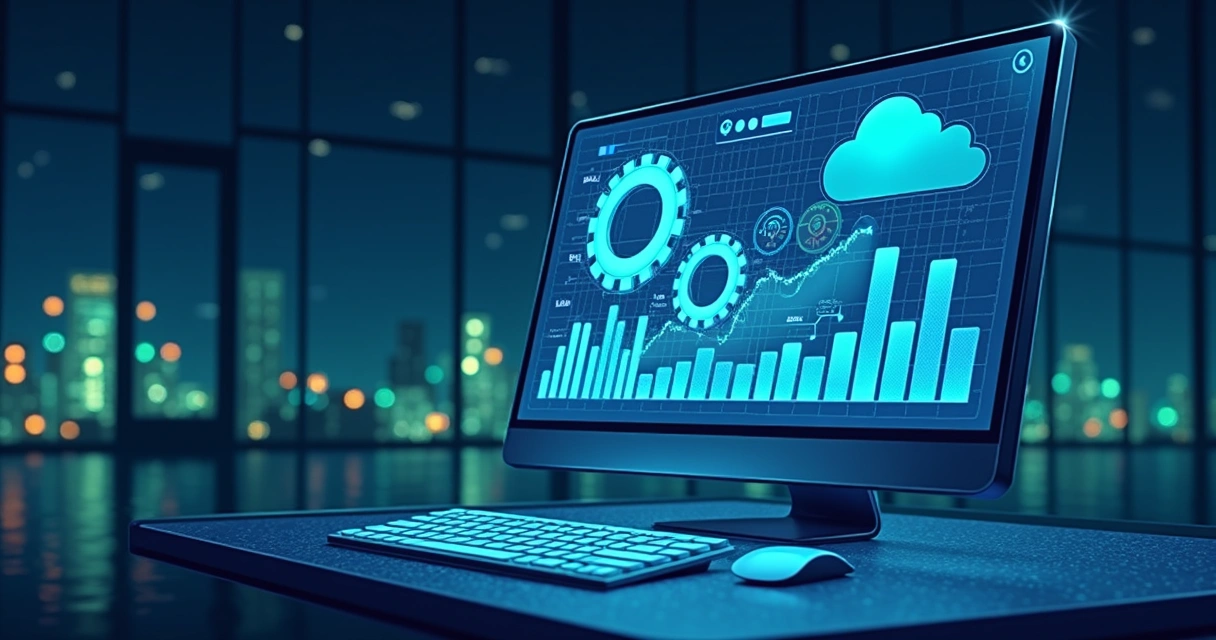 Painel de controle de SaaS com gráficos e elementos de nuvem