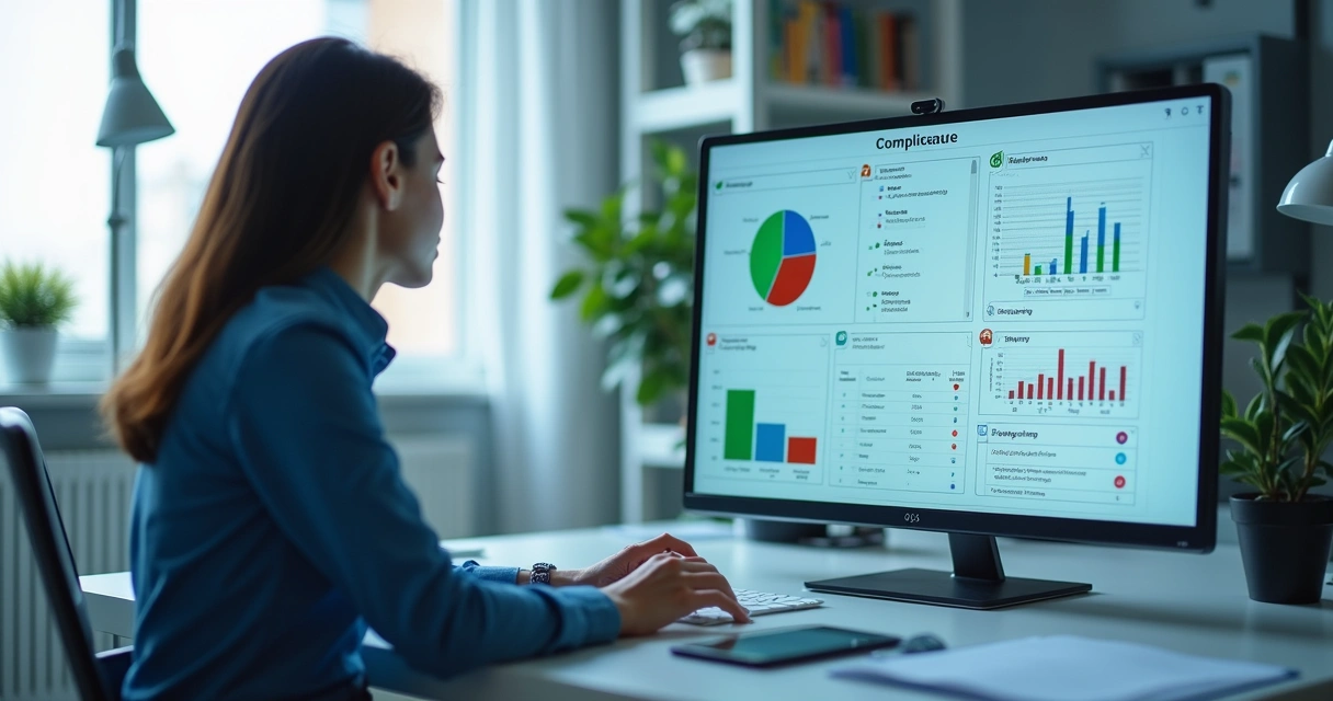 Gestor analisando painel de controle de SST digital com gráficos