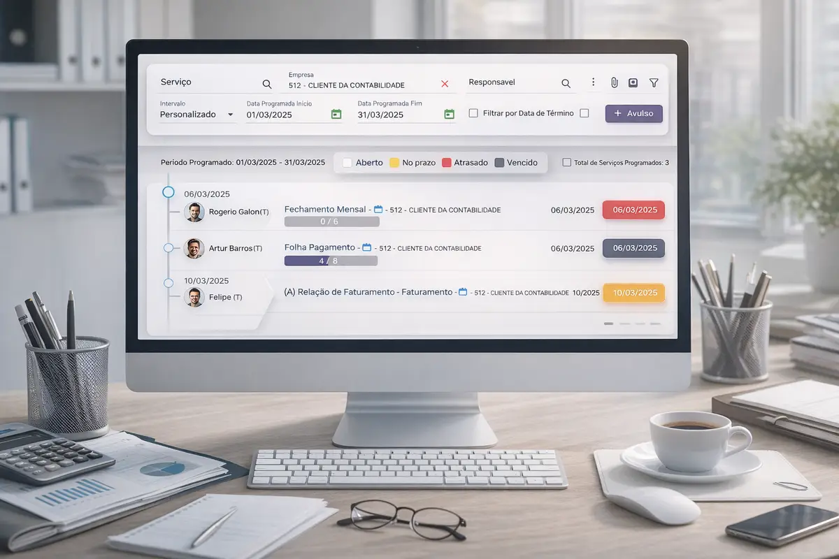 Tela de computador mostrando painel de controle do de serviços contábeis do Ottimizza.Tareffa, com status e prazos