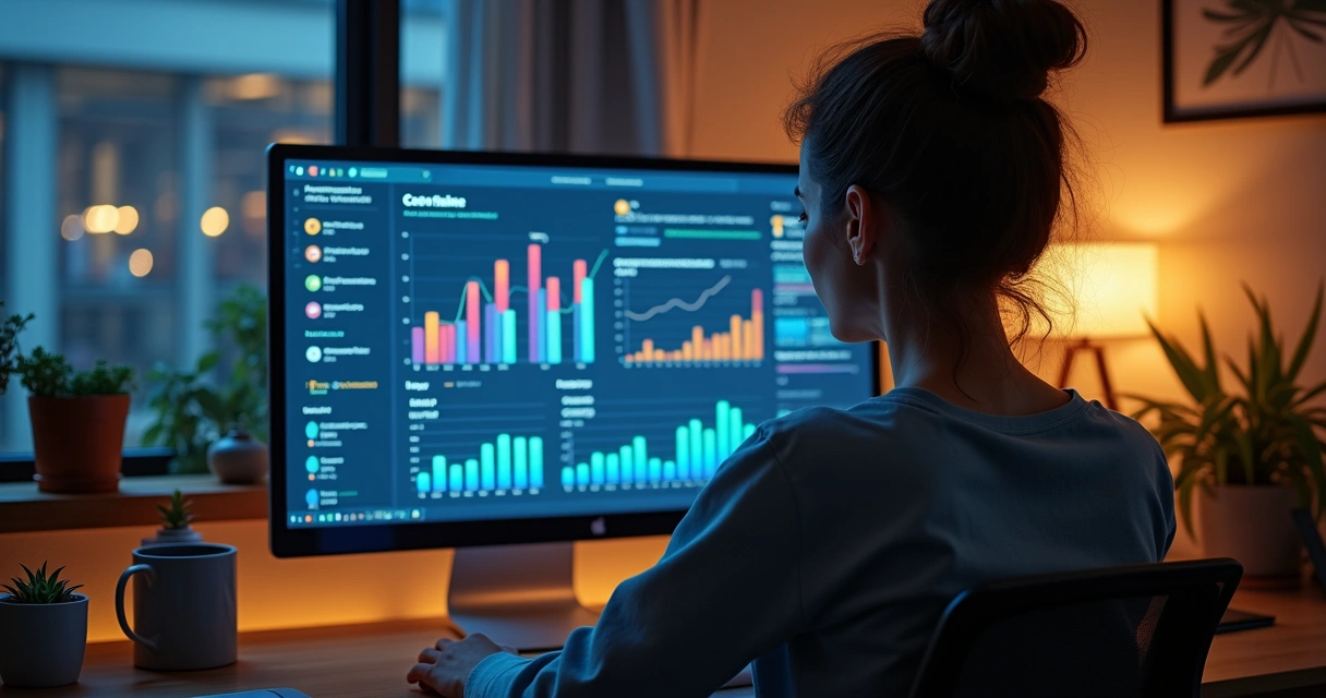 Painel de controle com gráficos de pedidos, computador na mesa e vendedor acompanhando vendas 