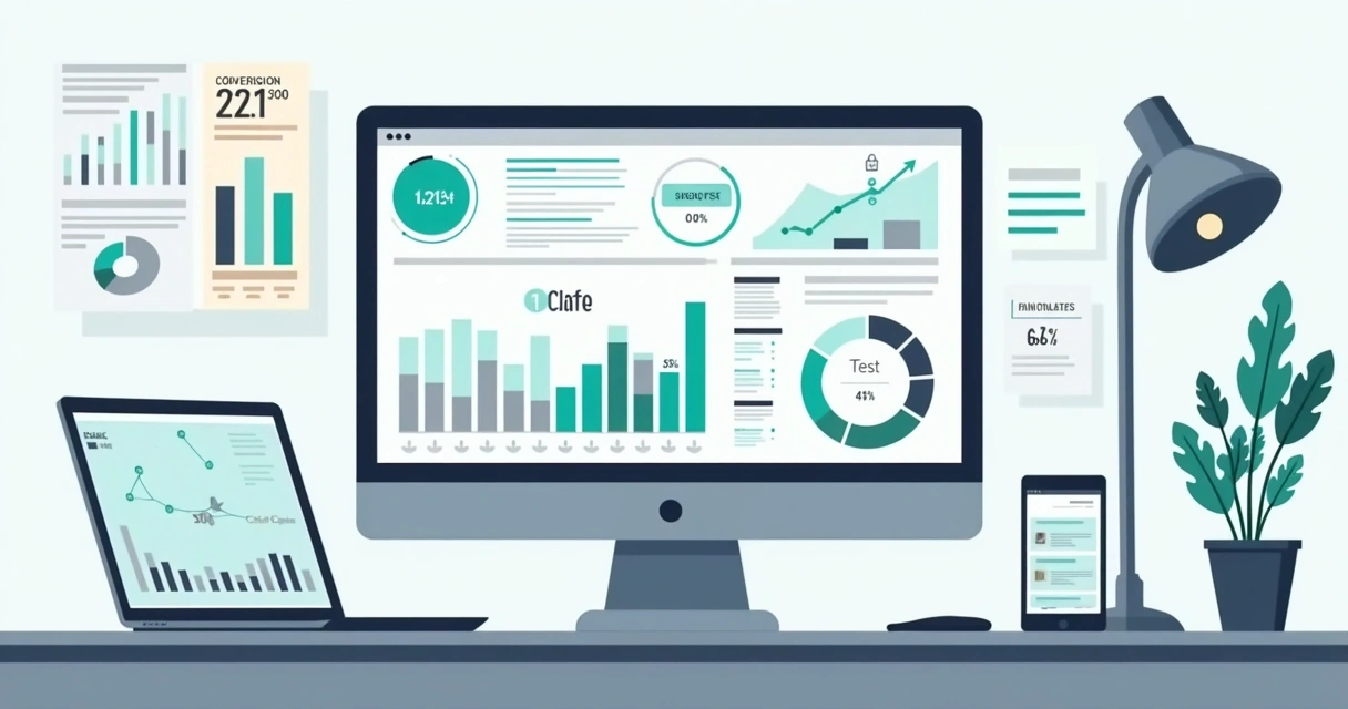 Painel de análise com gráficos de conversão e métricas de landing page 