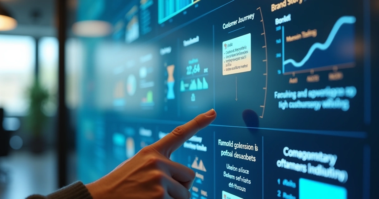 Painel com métricas de conversão e mensagens de marca 