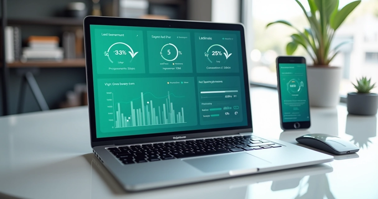 Painel com métricas de landing page em notebook e celular 