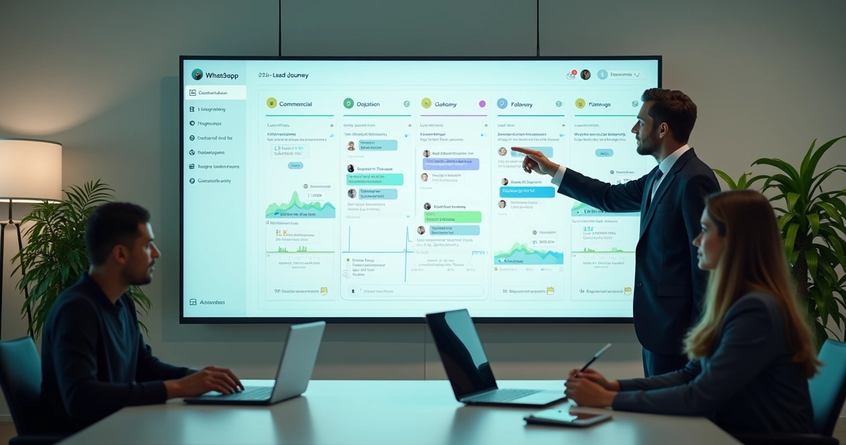 Painel com conversas comerciais e indicadores de jornada do lead 