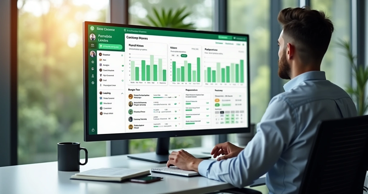 Painel comercial com conversas do WhatsApp e métricas de atendimento 