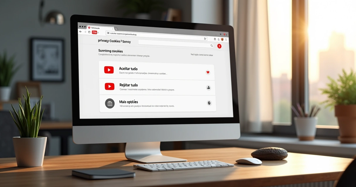 Painel com opções de privacidade e cookies do YouTube 
