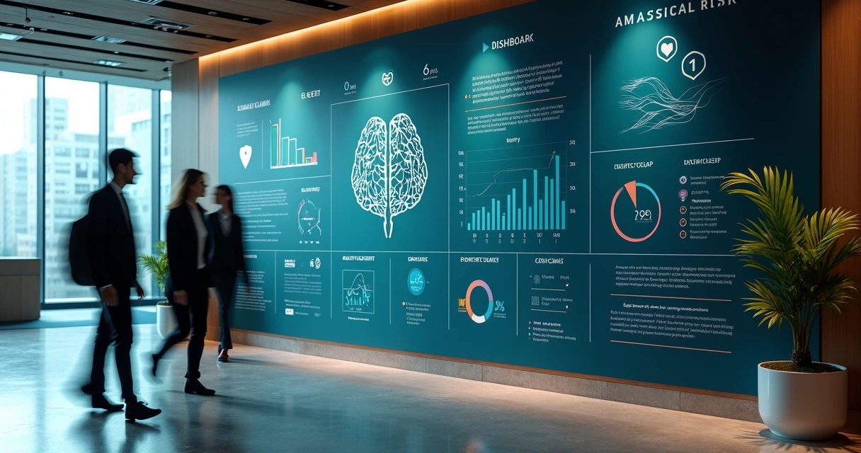 Mural corporativo com ícones de saúde mental e indicadores de desempenho 