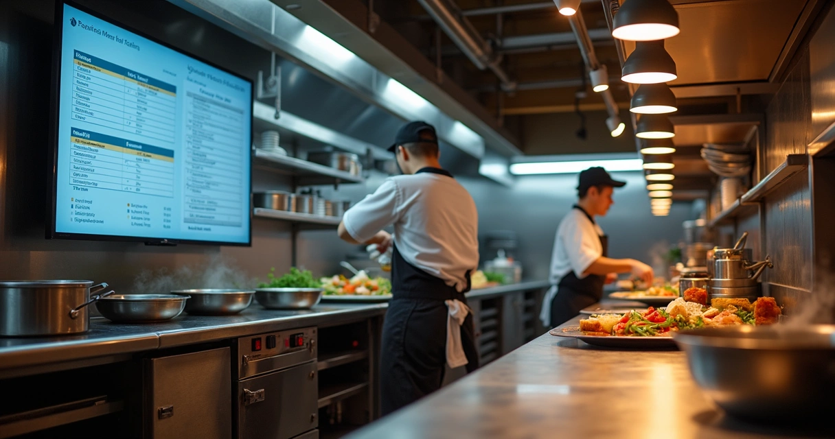 Painel digital de cozinha com pedidos organizados e cozinheiros em atividade