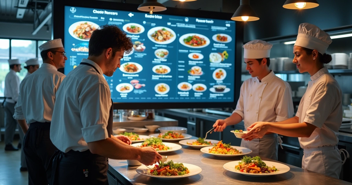 Painel digital de produção exibindo pedidos em restaurante
