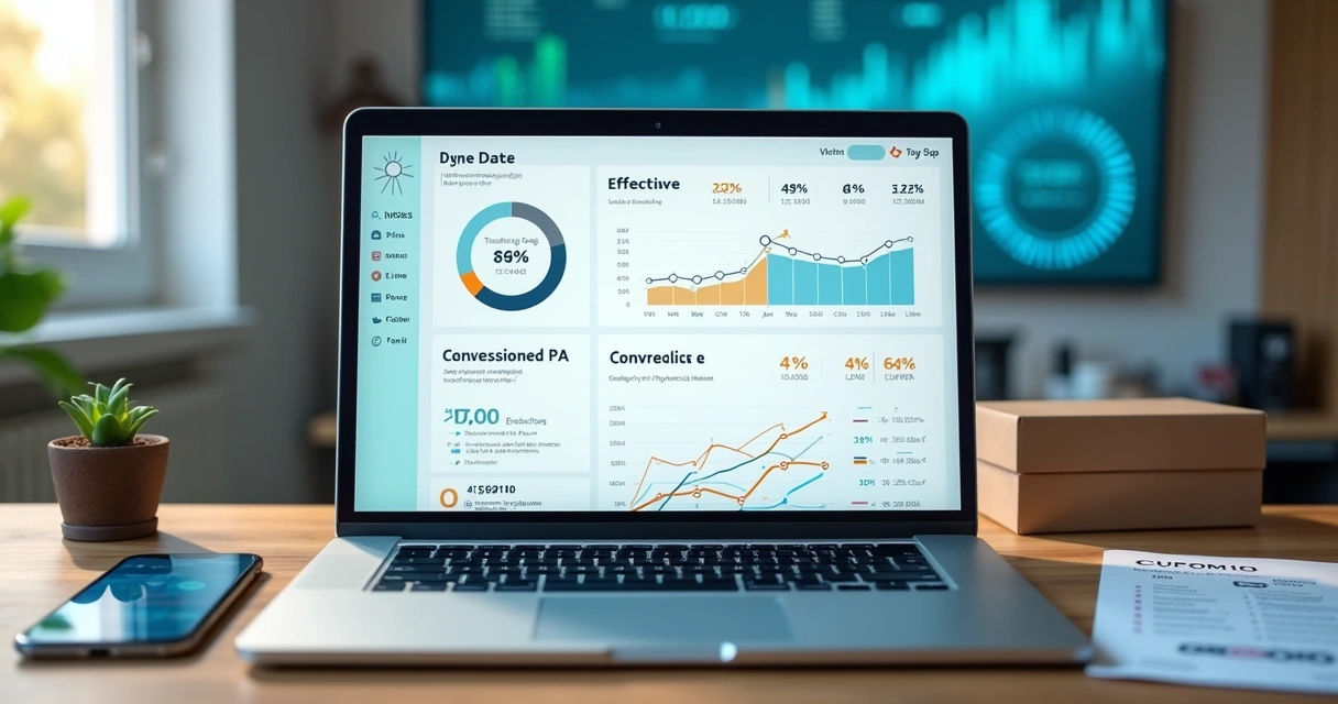 Painel de marketing de afiliados mostrando métricas de CPA em um notebook 