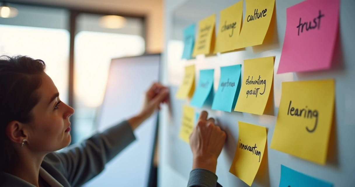 Painel com post-its sobre cultura e mudança organizacional