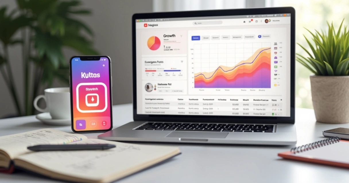 Painel com métricas de Instagram e celular com stories abertos 