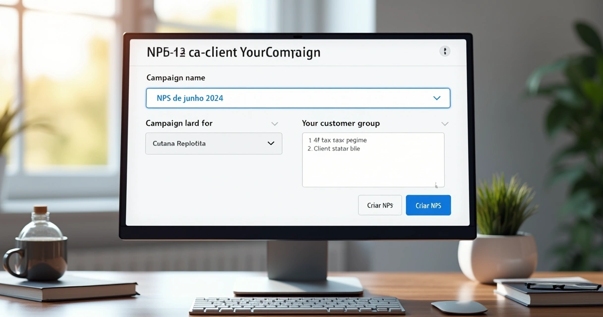 Tela do painel do G Client mostrando a criação de campanha de NPS com campos para nome, data e segmentação de clientes 