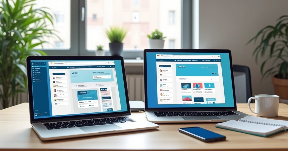 Tela com opções de criadores de site em notebook e tablet 