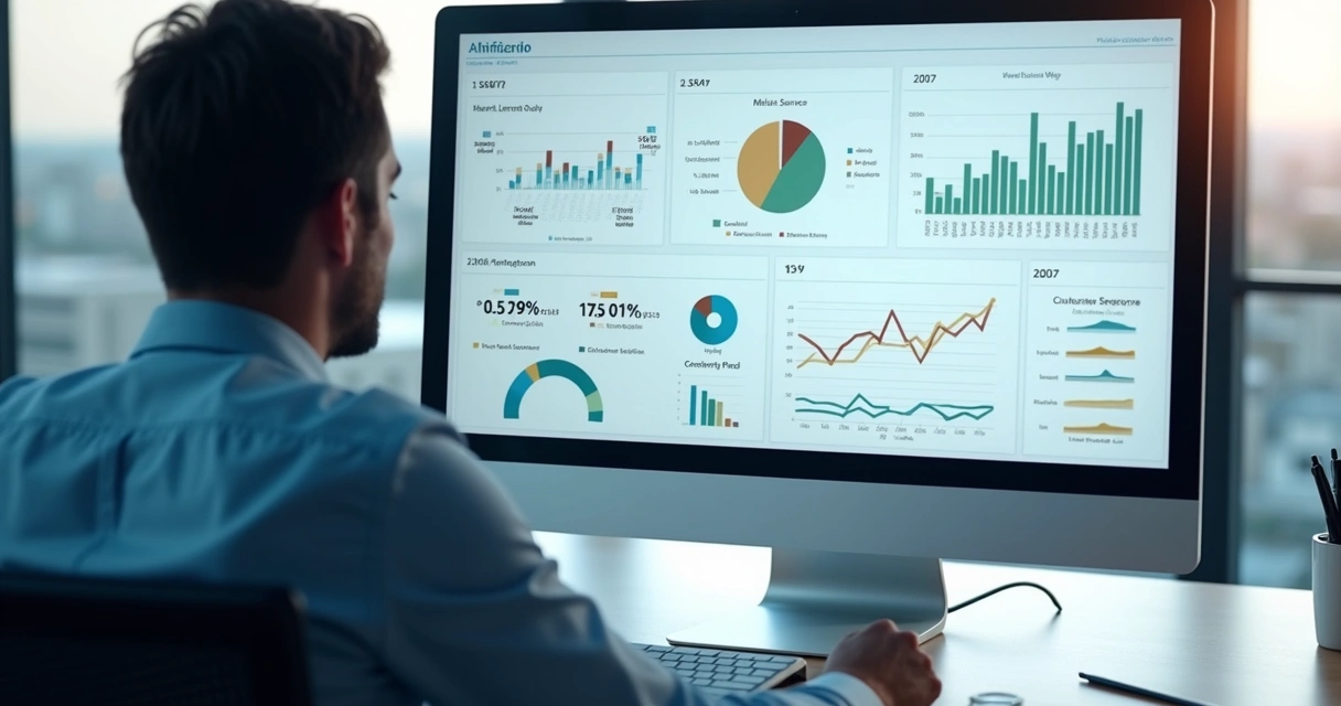 Painel de CRM com métricas de atendimento e vendas em tela 