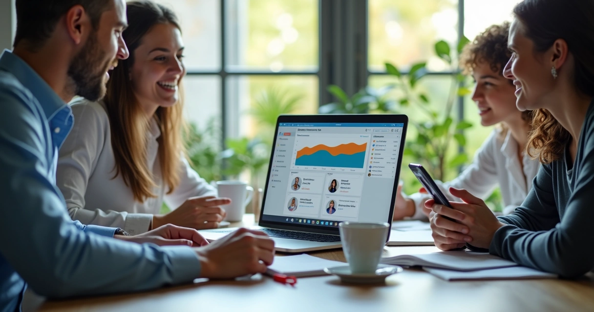 Equipe acompanhando painel de CRM e mensagens em notebook e celular 