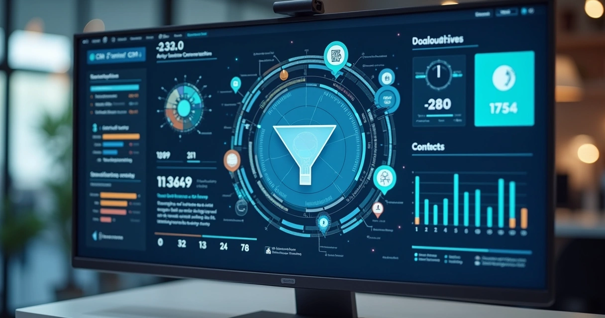 Painel de CRM no computador exibindo informações detalhadas de leads