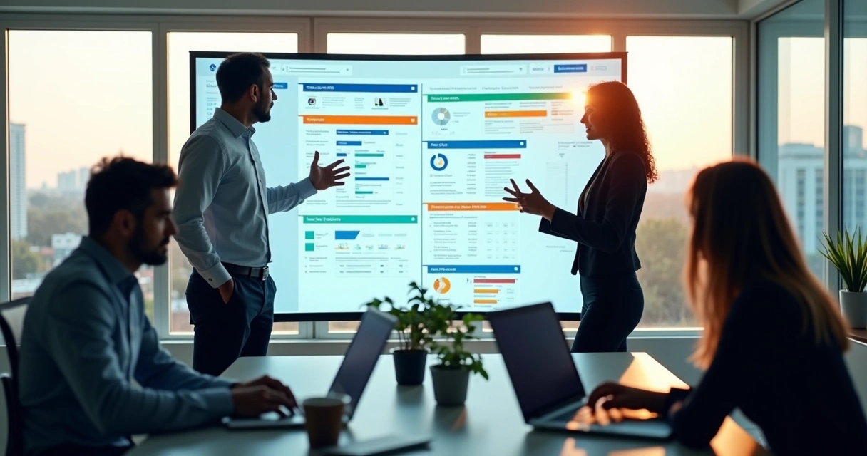 Equipe de vendas B2B analisando painel digital de CRM em escritório moderno