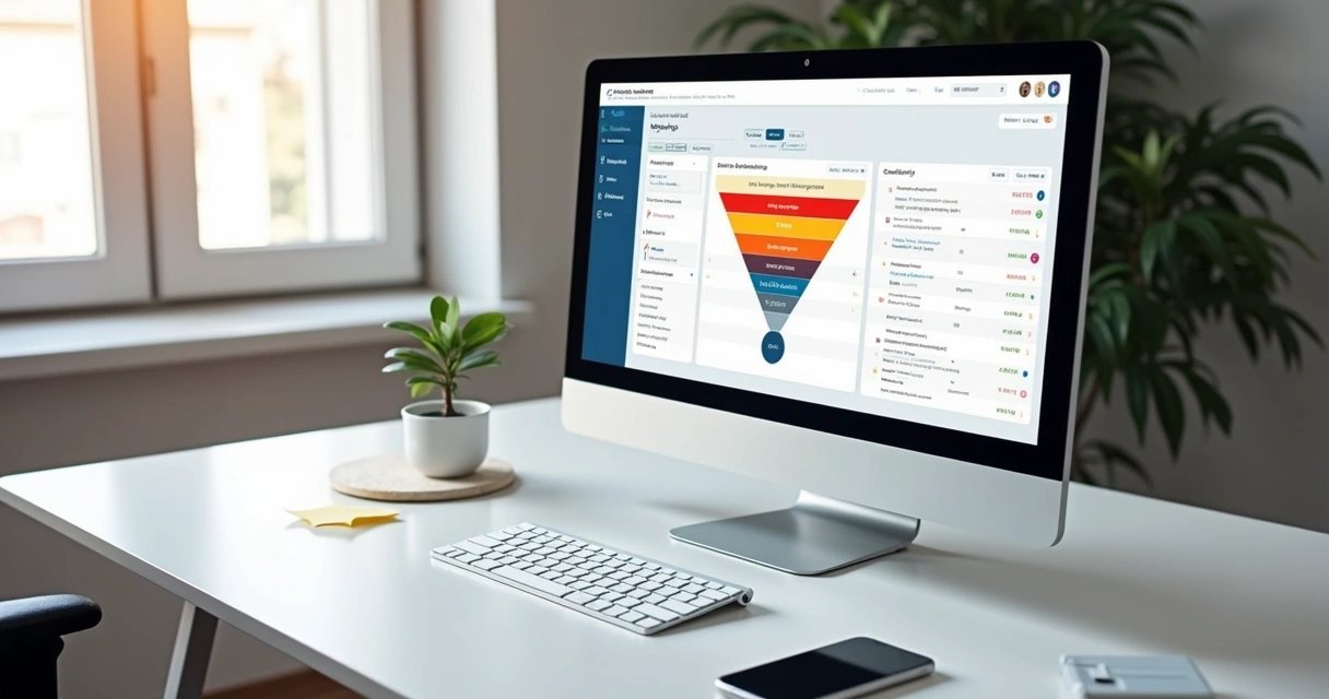 Desktop mostrando painel de CRM com funil de vendas em português 