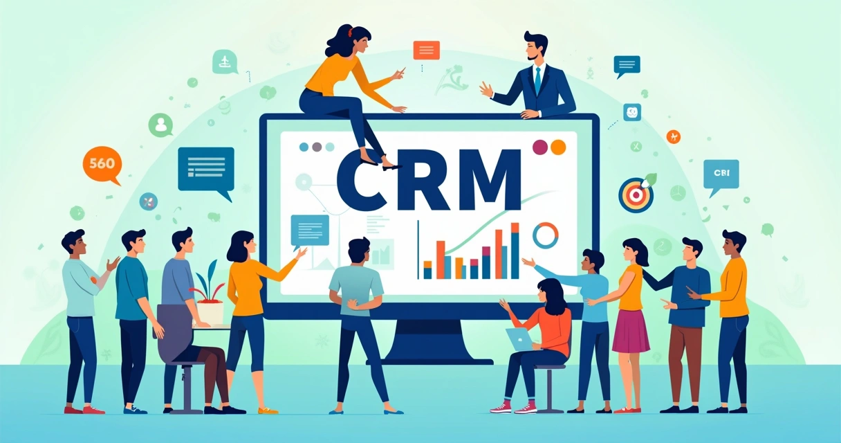 Tela de computador com painel de CRM, gráficos coloridos, ícones de clientes e símbolos de comunicação, retratando eficiência.