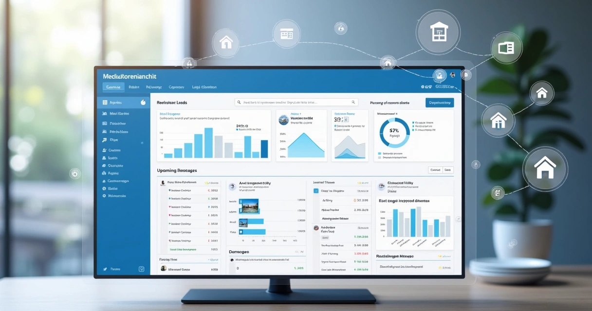 Painel de CRM imobiliário com leads cadastrados e funil de vendas 