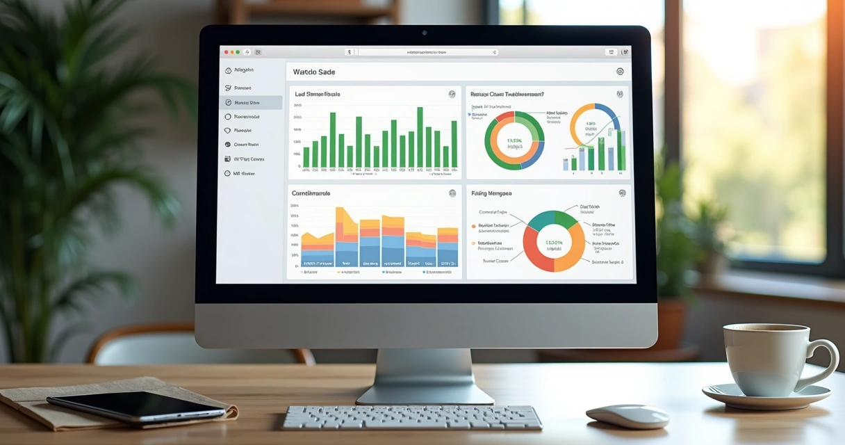 Painel de sistema CRM imobiliário com gráficos e contatos em destaque 