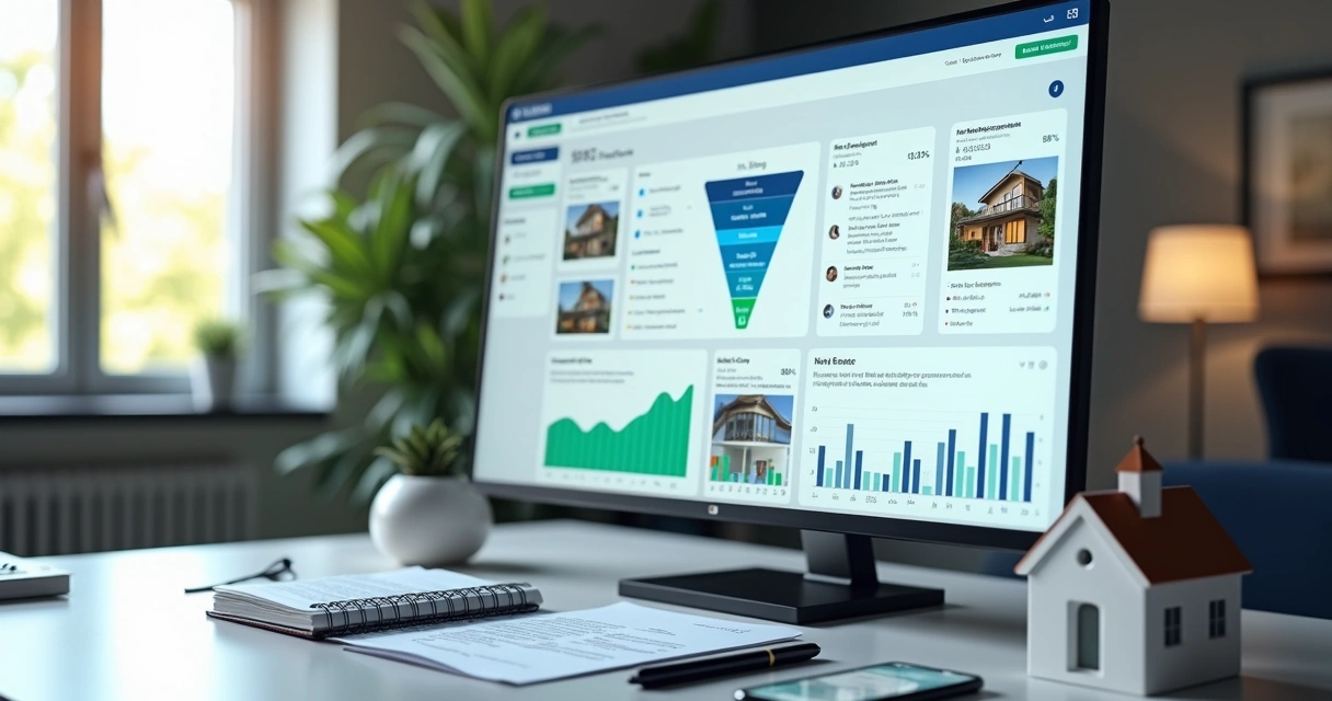 Painel de CRM imobiliário com funil de leads e métricas de atendimento