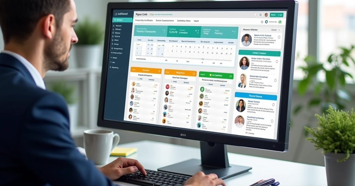 Painel visual de CRM imobiliário com diferentes etapas do funil de vendas 