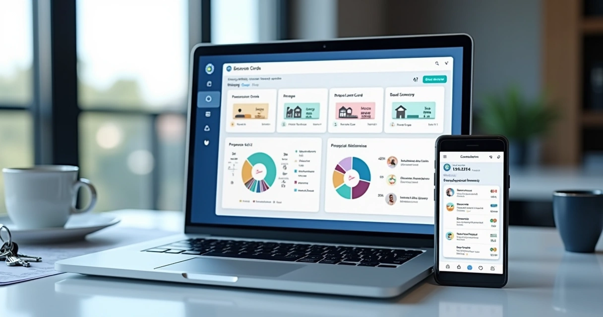 Painel de CRM imobiliário em notebook e celular 