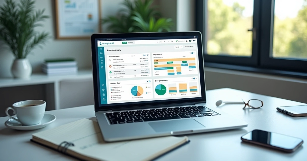 Painel de CRM imobiliário em notebook com gráficos e funil de vendas