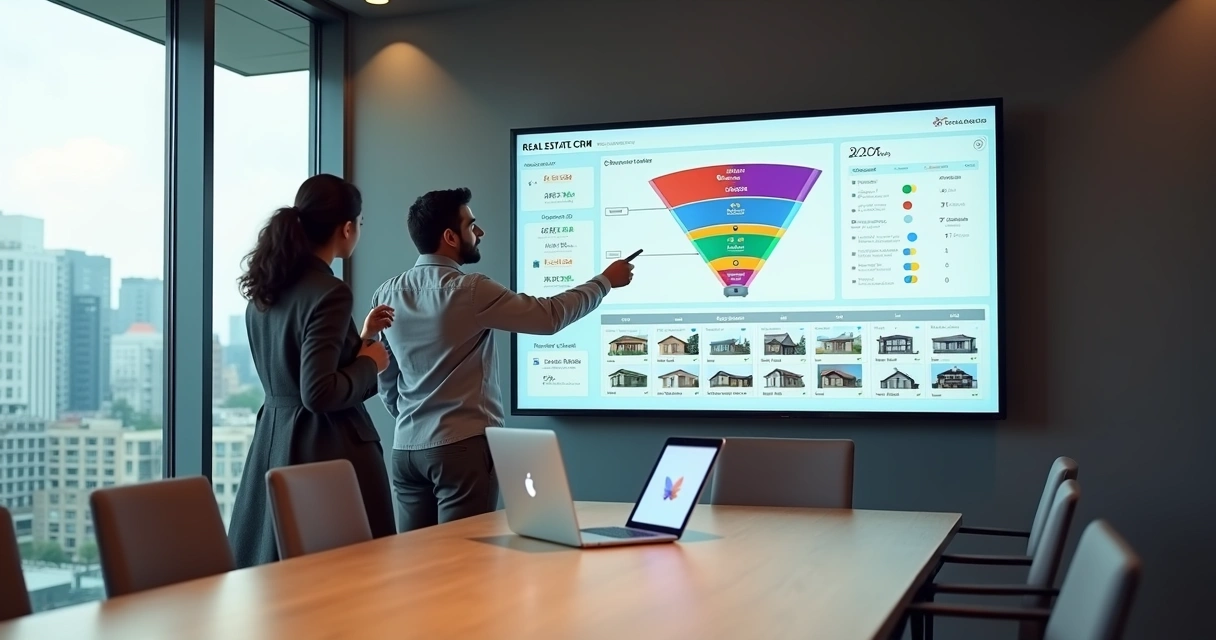 Equipe imobiliária observando painel de CRM com funil de vendas e imóveis 