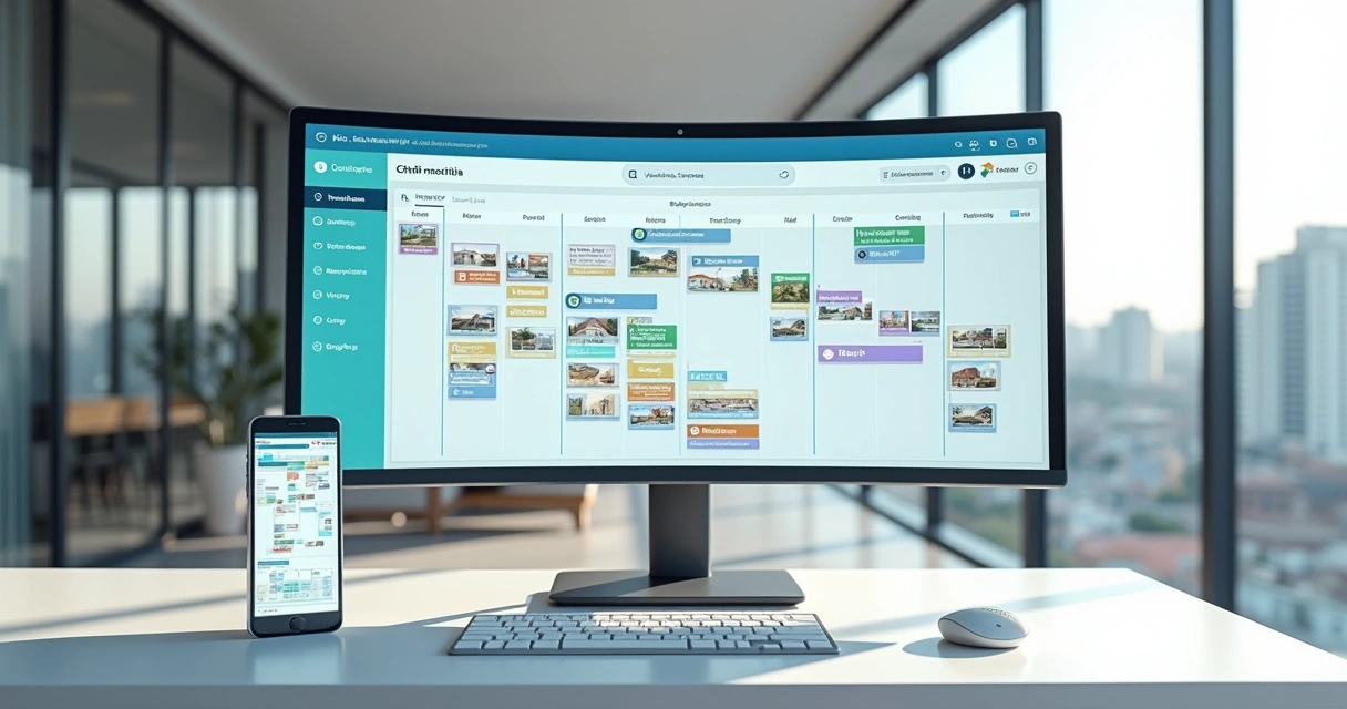 Painel digital de CRM imobiliário exibindo funil kanban com imóveis e leads 