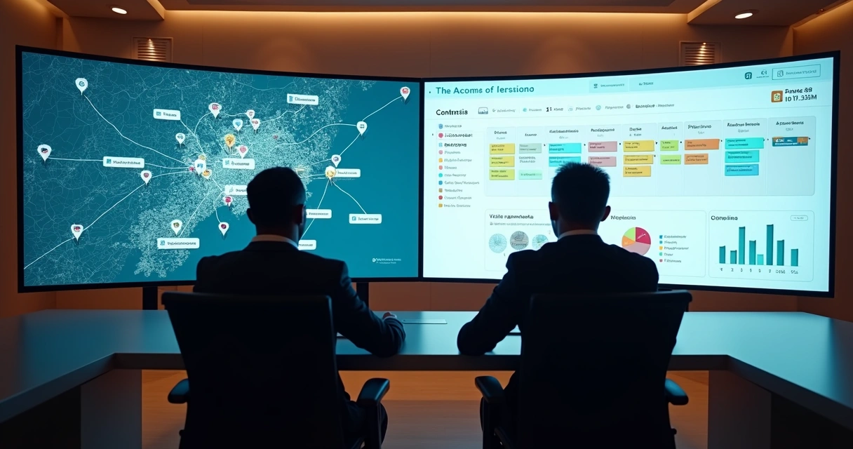 Painel de CRM imobiliário com mapa da cidade e funil de vendas em telas gigantes 