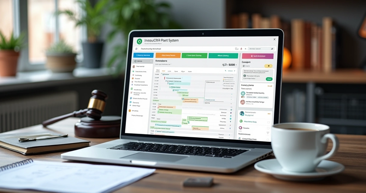 Painel de CRM jurídico com integrações e status dos clientes em tela. 