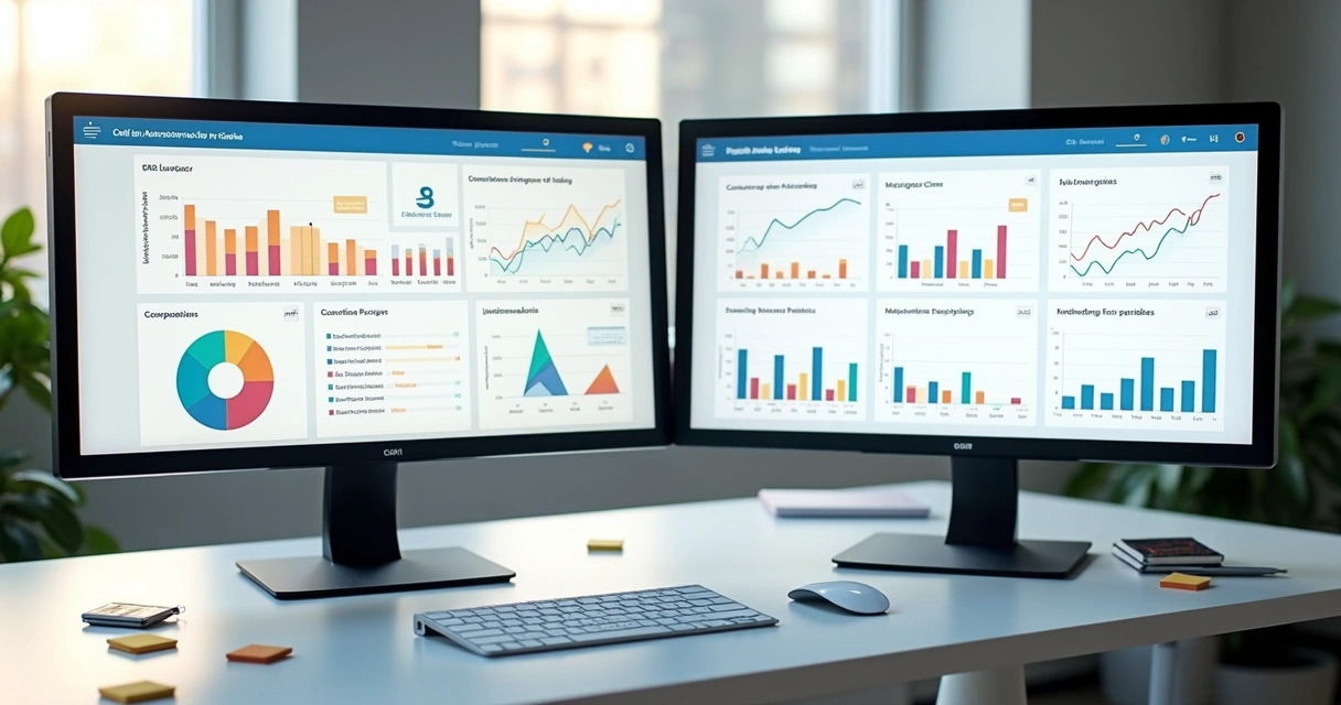 Painel CRM com KPIs de vendas e painel financeiro ao lado. 