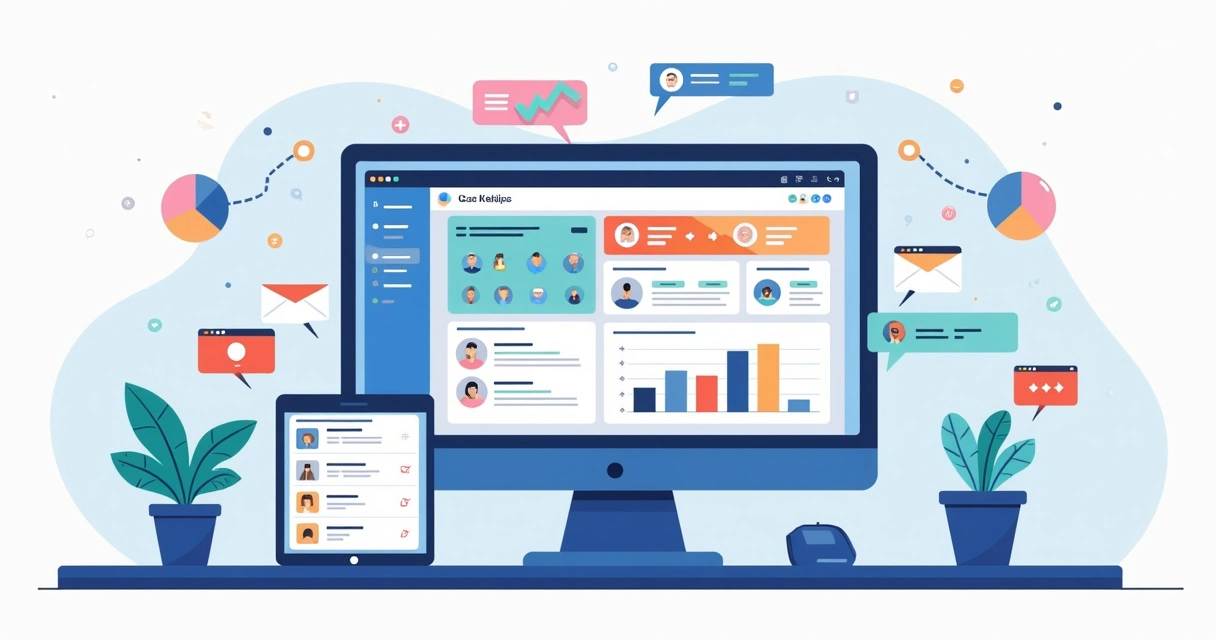 Painel de CRM digital exibindo automação de marketing, contatos, WhatsApp e email em telas integradas